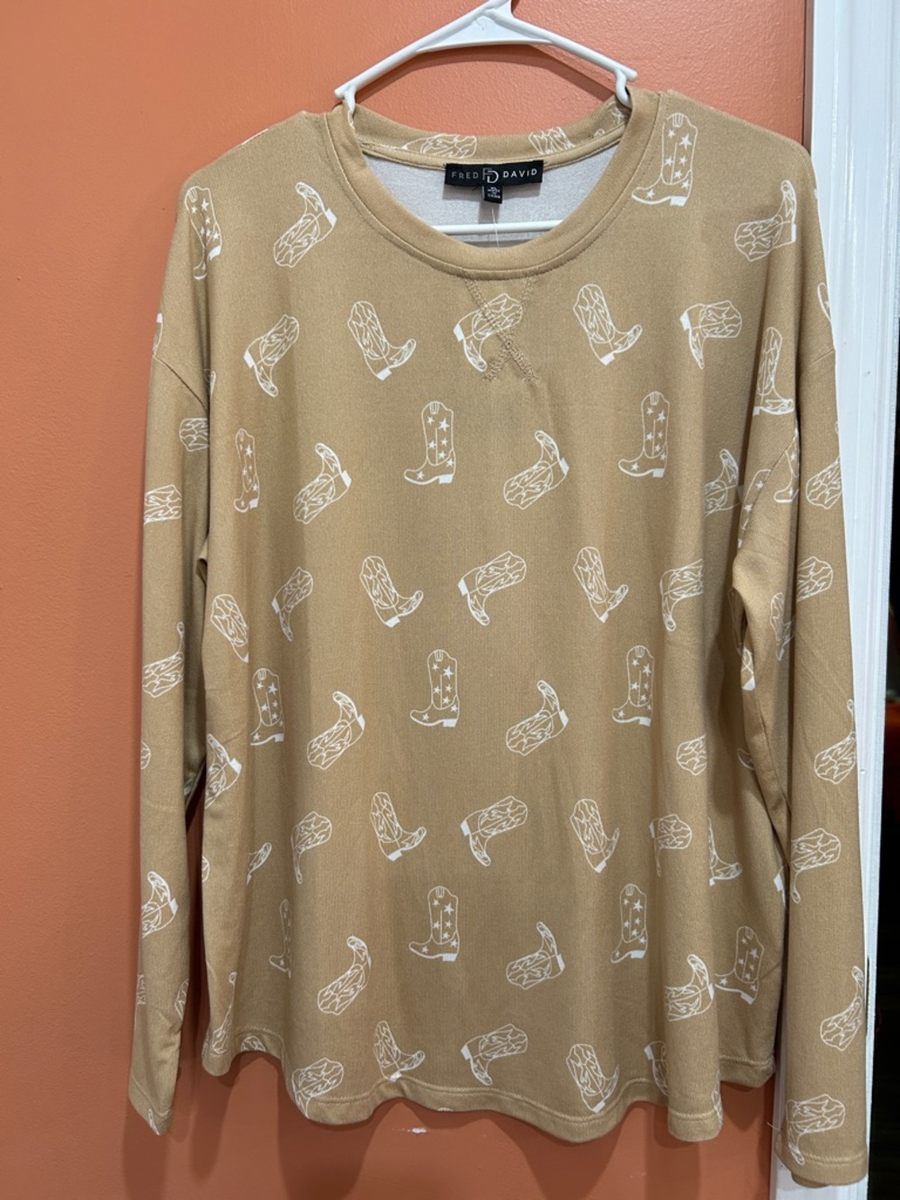 Fred David Beige Western Boot Print Long Sleeve Tee
